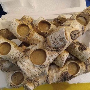 Plow & Hearth Faux Wood Resin Logs Tea Lights Candle Holder, Birch